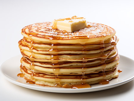 Stack of Pancakes with Butter and Maple Syrup on White Backgroundの素材