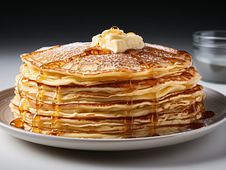 Pancakes with honey and butter on a plate, black backgroundの素材