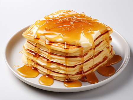 Pancakes with caramel and honey on a white plate closeupの素材
