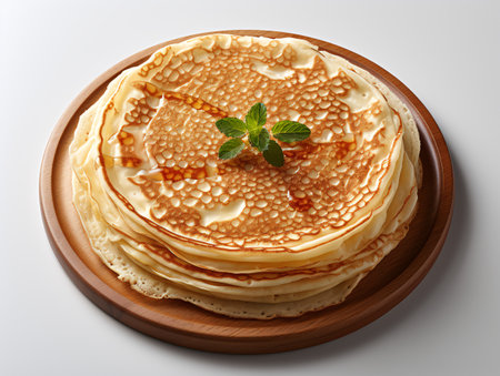 Stack of pancakes on wooden plate, top view, close-upの素材