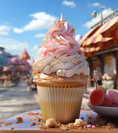 Cupcake with pink cream on a background of amusement park.の素材