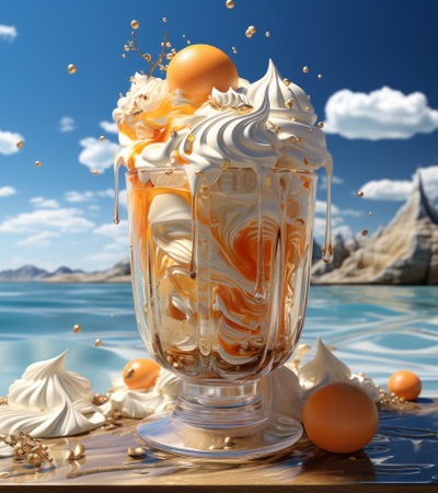 Ice cream with whipped cream in a glass on the background of the seaの素材