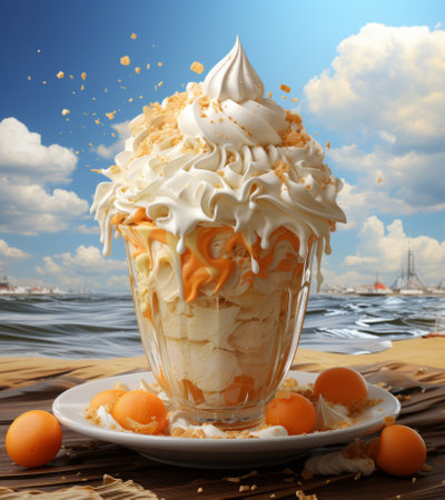 Ice cream with whipped cream in a glass on the background of the seaの素材