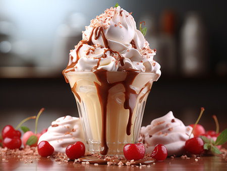 Chocolate sundae with whipped cream and cherries, closeupの素材