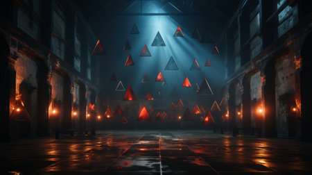 3d rendering. Futuristic dark room with glowing neon lights.の素材