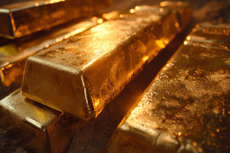 Gold bars stacked in a row, shallow depth of field, golden backgroundの素材