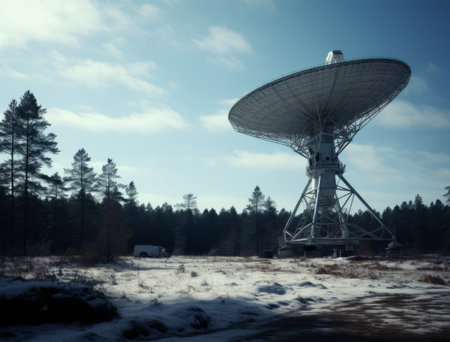 The silhouette of a radio telescope against the background of a winter forestの素材