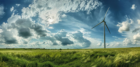 Panoramic image of turbine winds in a wheat field under blue skyの素材