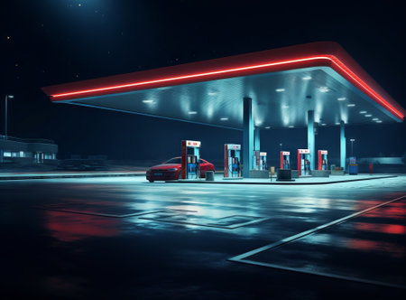 Gas station at night. Refueling station. 3D renderingの素材