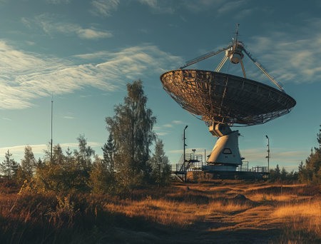 Radio telescope in the field at sunset, retro toned image.の素材