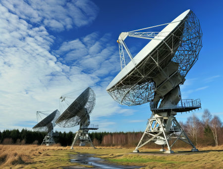 Large radio telescope on a background of blue sky with white clouds.の素材