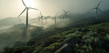 Wind turbine on the hillside in the morning with fog and sunriseの素材