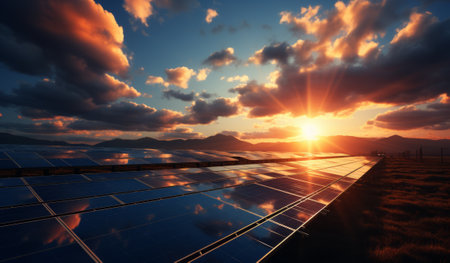 solar energy panels at sunset, alternative electricity source - 3d renderの素材