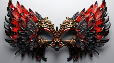 3D illustration of a carnival mask with red and black feathersの素材