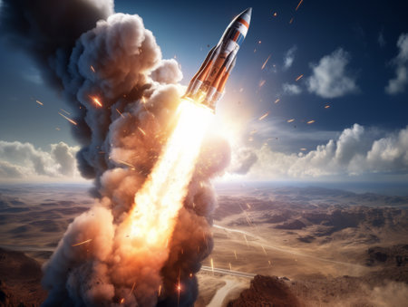 Space rocket flying high in the sky over the earth. 3d renderingの素材