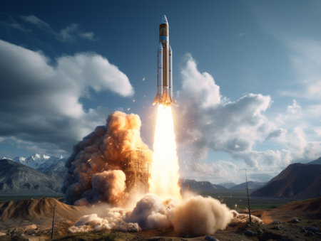 Space rocket taking off into the blue sky. 3d rendering.の素材