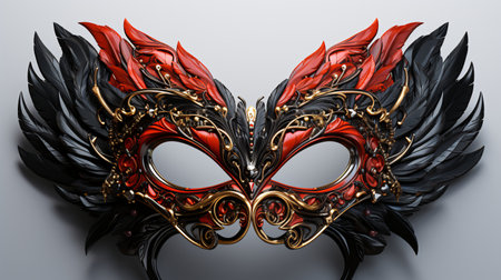 Masks with red and black feathers on a gray background. 3d illustrationの素材