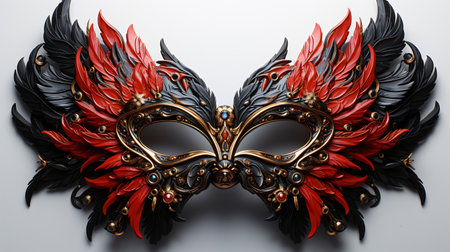 Carnival mask with black and red feathers on a white backgroundの素材