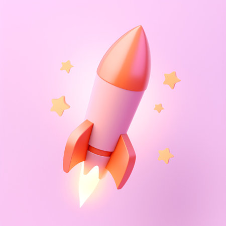 Rocket icon with stars isolated on pink background. 3d illustration.の素材