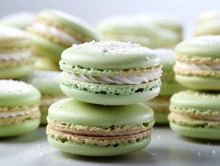 Green macaroons on a white background. Close-up.の素材