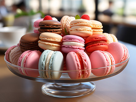 assortment of macaroons in glass bowl on table in cafeの素材