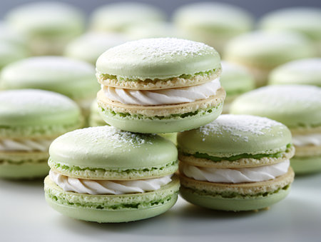 Green macaroons on a white background. Shallow dof.の素材