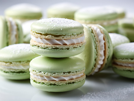 Green macaroons with white frosting on a white background.の素材
