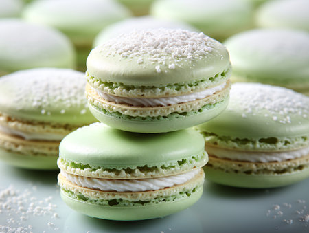 Green macaroons with sugar powder on a white background, close upの素材
