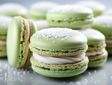 Green macaroon with white cream on a white background, closeupの素材