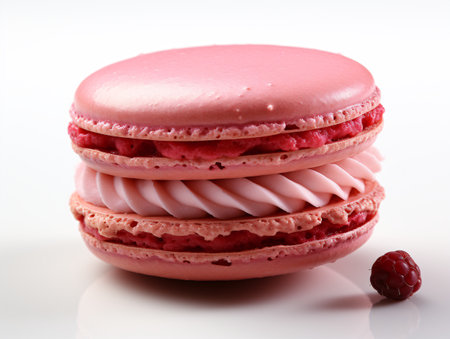 Pink macaroon with raspberries on a white background.の素材