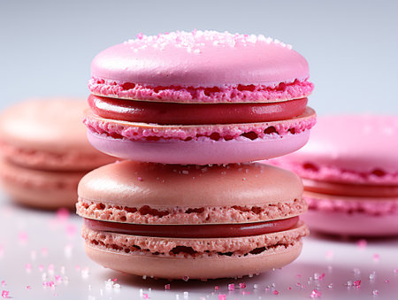 Macaroons with pink glaze on a white background. Toned.の素材