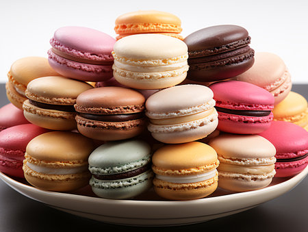 Colorful macaroons in a bowl on a white background.の素材