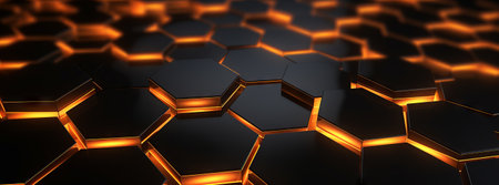 3d rendering of abstract background with hexagons in black and orangeの素材