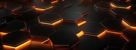3d rendering of abstract hexagonal background with glowing orange neon lightsの素材