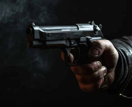 Man's hand holding gun with smoke on black background, closeupの素材