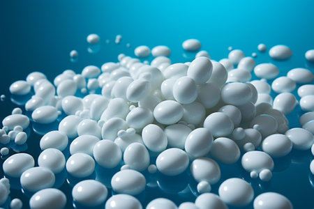 White plastic balls on a blue background. 3d rendering, 3d illustration.の素材