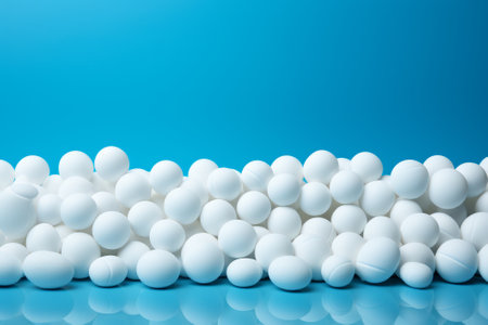 White plastic balls on a blue background. Place for your text.の素材