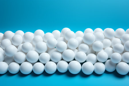 White plastic balls on blue background. Close up. Copy space.の素材