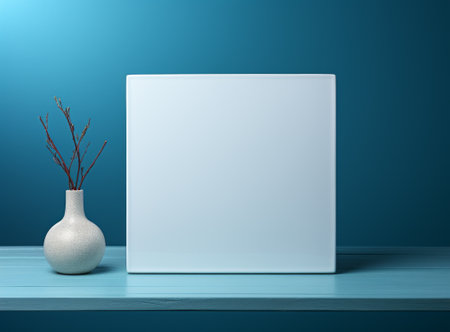 White frame mockup on blue wall with vase. 3d renderの素材