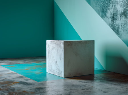 Minimalistic green interior with concrete floor and white cube. 3d renderingの素材