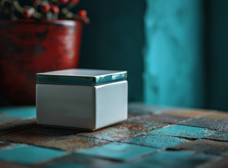 White box for cosmetics on a wooden table in a dark room.の素材