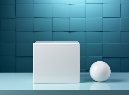 3d rendering of a white podium on a blue background with a sphereの素材