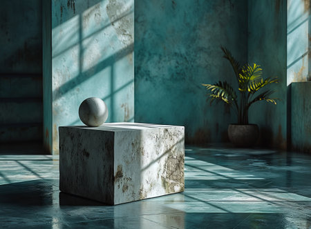 Minimalist interior design with concrete cube and plant. 3D Renderingの素材