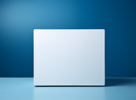 Blank white box on blue background, 3d rendering. Computer digital drawing.の素材