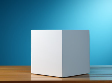 White box on wooden table over blue background. 3d illustration.の素材