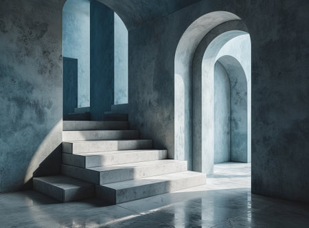 Abstract concrete interior with stairs and arches. 3D Renderingの素材
