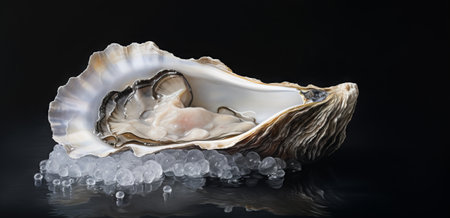 Fresh oyster with ice on a black background. Close-up.の素材