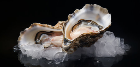 Fresh oyster with ice on black background. Shallow depth of field.の素材