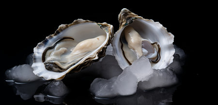 Fresh oysters with ice on black background. Shallow depth of fieldの素材