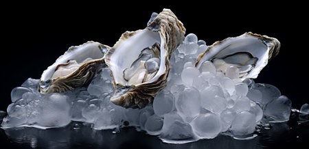 Fresh oysters with ice on black background. Shallow depth of field.の素材